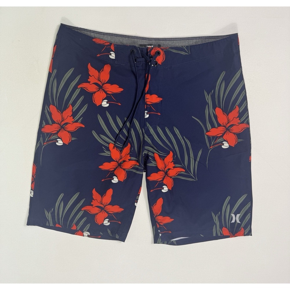 Hurley Board Shorts Mens 32x9.5 Blue Red Floral Swim Trunks Surf Beach Tropical